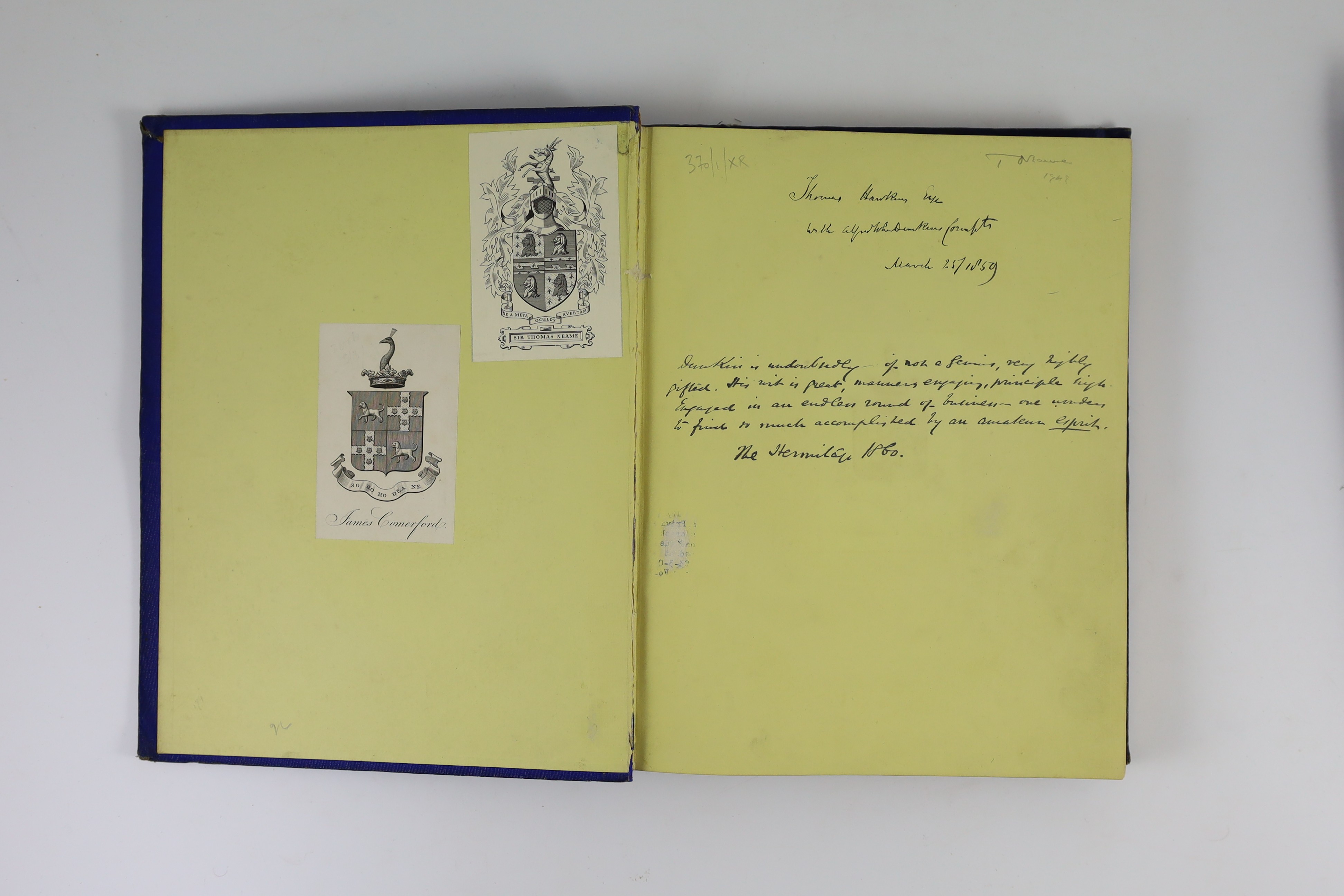 Dunkin, Alfred John - History of the County of Kent, 2 vols, with authors presentation inscription, 4to, blue cloth gilt blind embossed, John Russell Smith, London, 1856-58 [only 70 copies printed of vol. 1 and 200 of vo